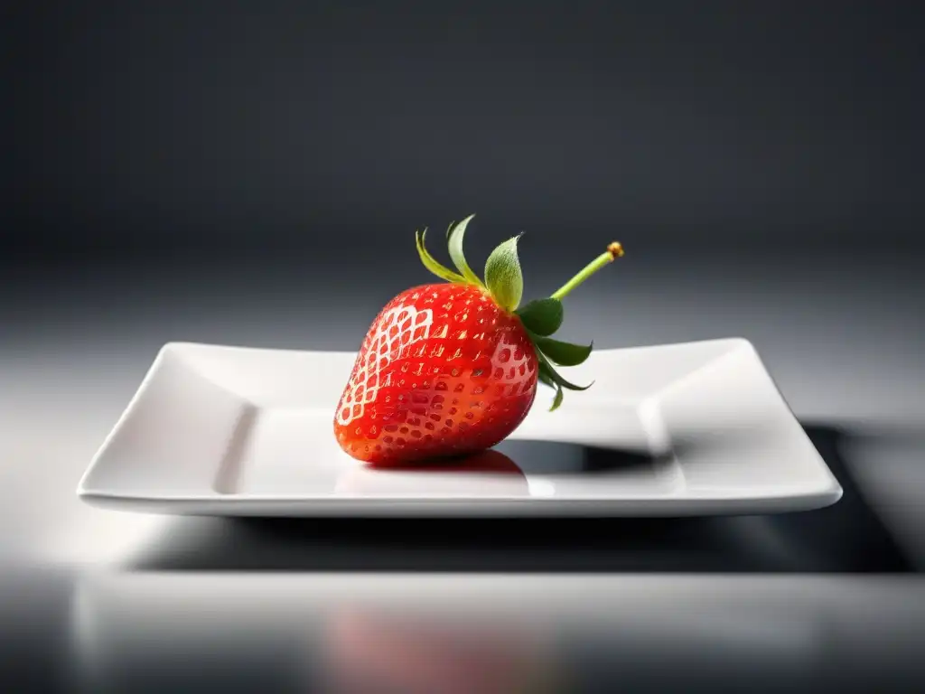 Una fresa madura y perfecta reposa en un plato blanco, simbolizando frescura y pureza