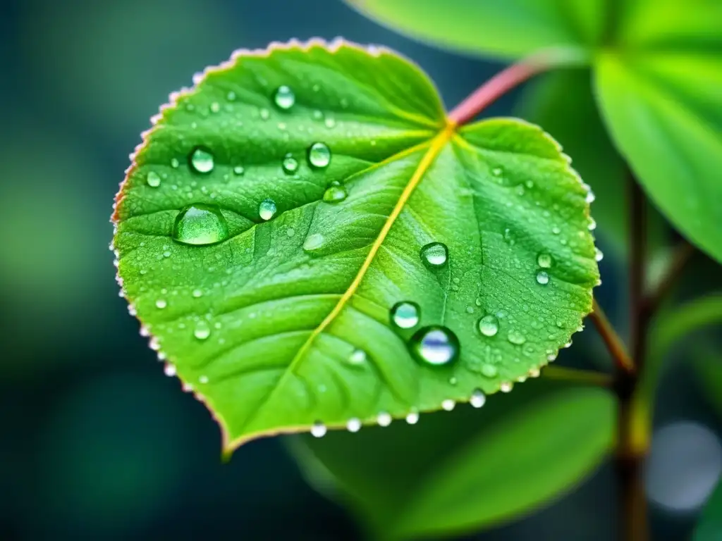 La frescura de una hoja verde cubierta de gotas de agua, resaltando la belleza natural