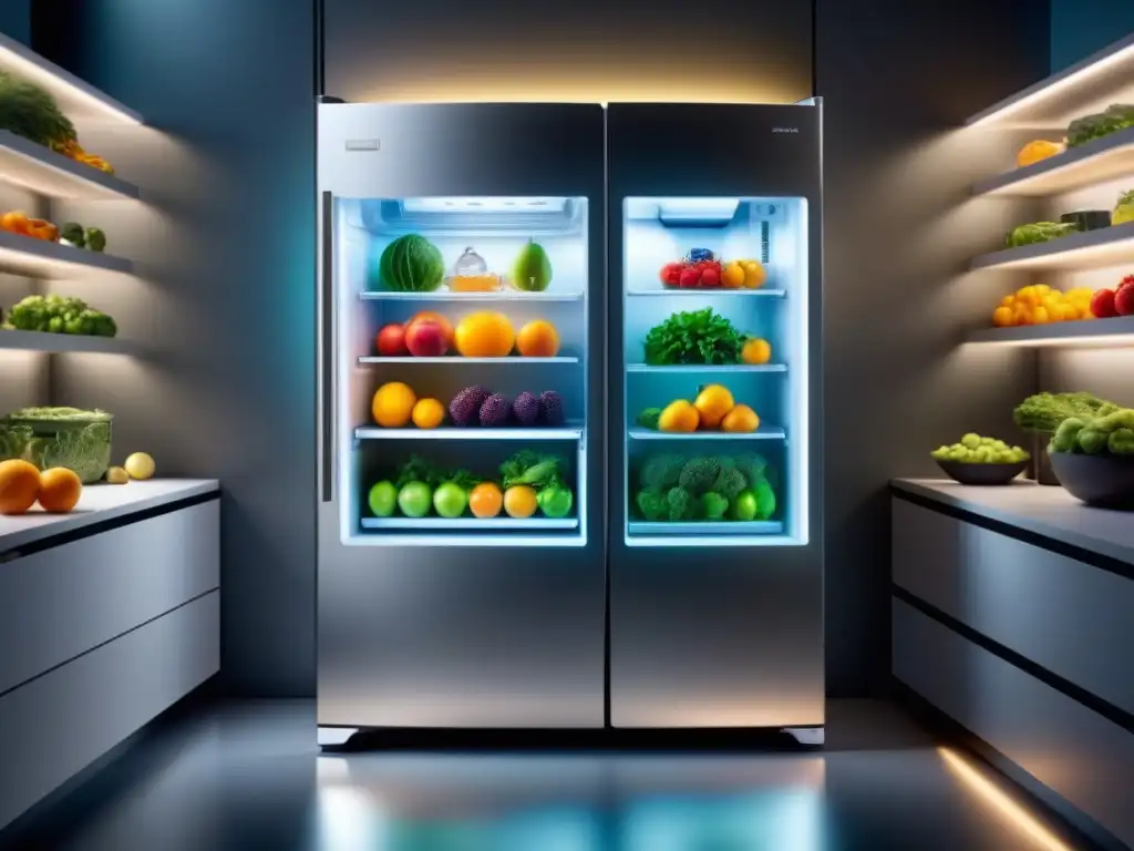 Un frigorífico futurista con tecnologías emergentes en refrigeración, lleno de frutas y verduras coloridas