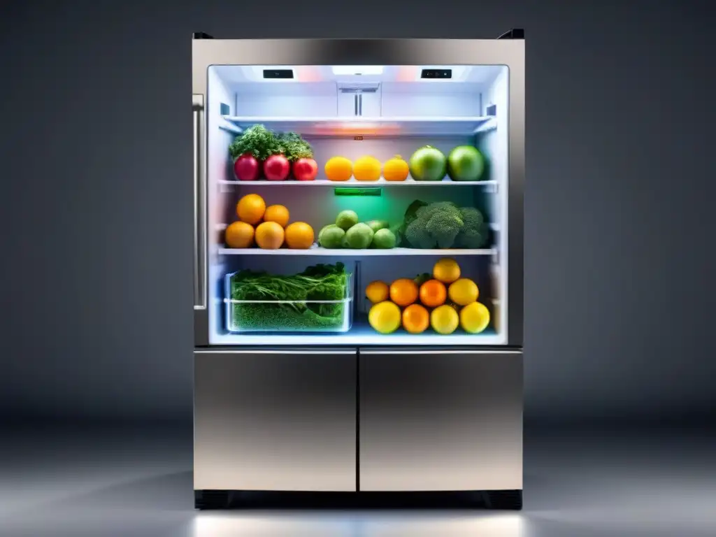 Un frigorífico inteligente futurista lleno de envases inteligentes de alimentos organizados, con pantalla digital mostrando fechas de caducidad