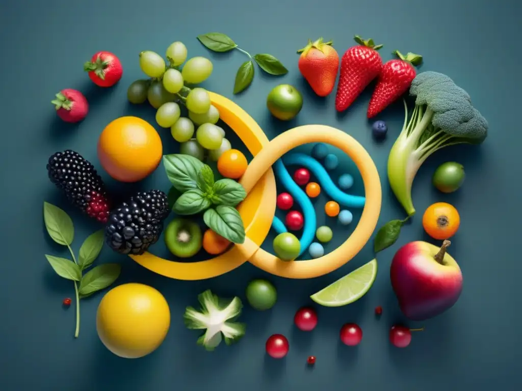 ADN se entrelaza con frutas y verduras coloridas, fusionando tecnología alimentos personalizados nutrición