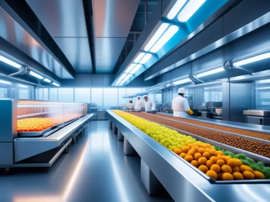 Fábrica futurista de alimentos funcionales: maquinaria metálica produciendo alimentos vibrantes en un entorno moderno y minimalista