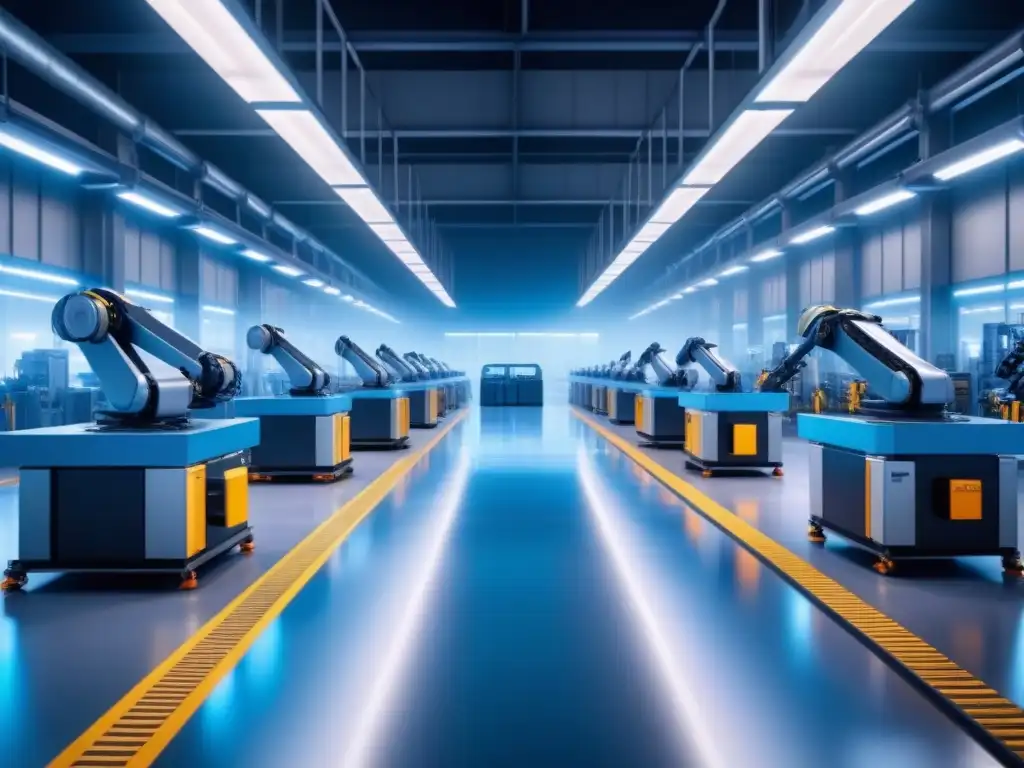 Fábrica futurista automatizada con robots y maquinaria en perfecta sincronización, bañada en luz azul LED