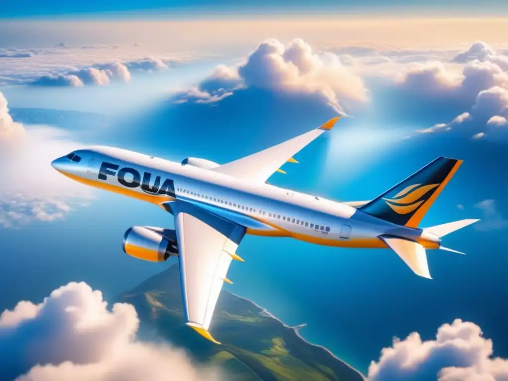 Avión futurista ecoamigable surca cielo azul Avión futurista con biocombustibles de 2ª generación surcando cielo azul eco-friendly