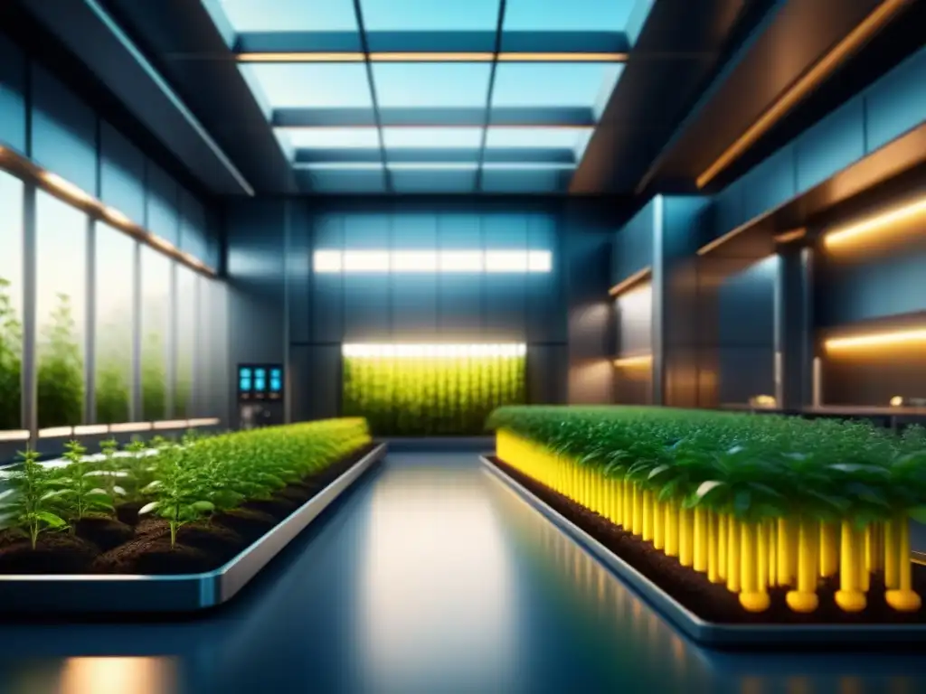 Instalación futurista de biocombustibles tercera generación pioneros con tecnología avanzada y vegetación integrada