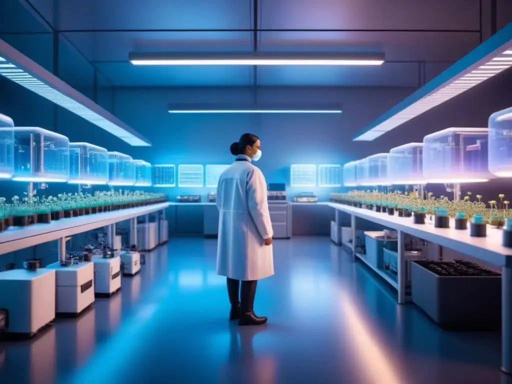 Lab futurista con bioreactores y brazos robóticos creando materiales sostenibles