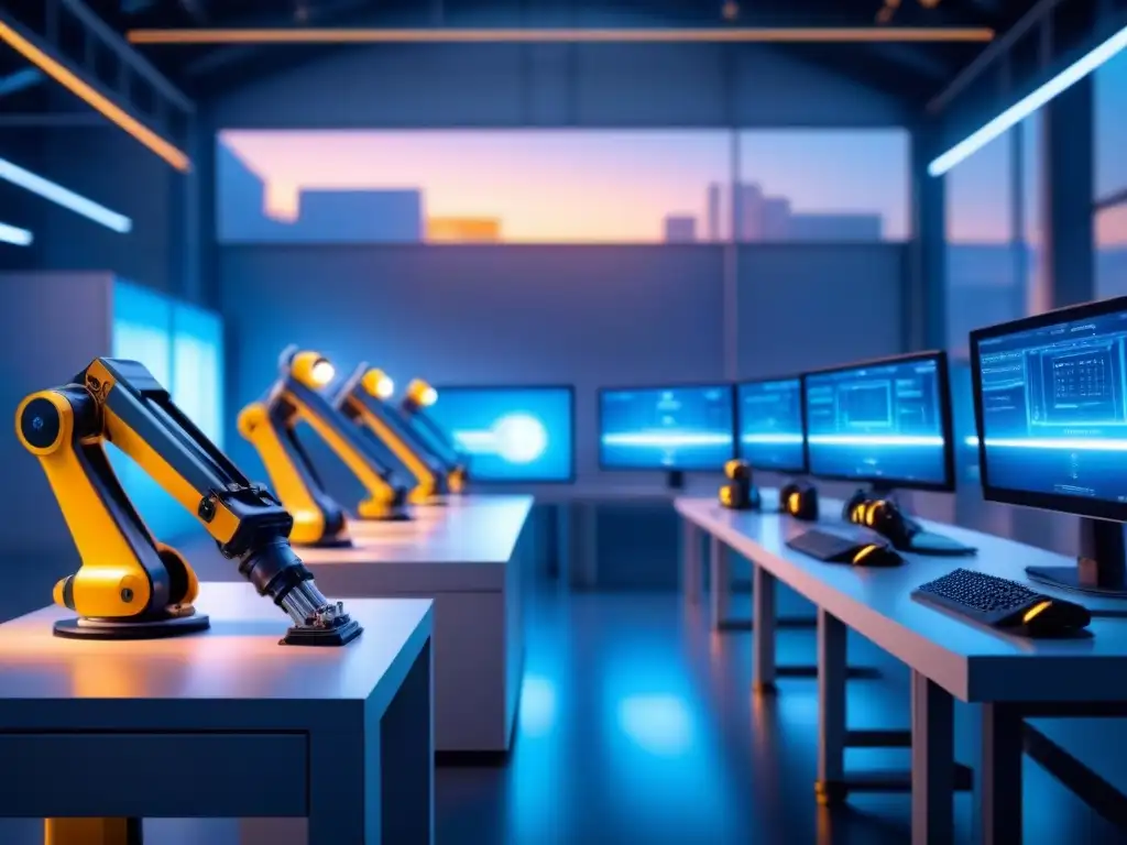 Fabrica futurista: ensamblaje robotizado en 8k Fábrica futurista con brazos robóticos ensambladores, iluminada en azul, rodeada de datos digitales