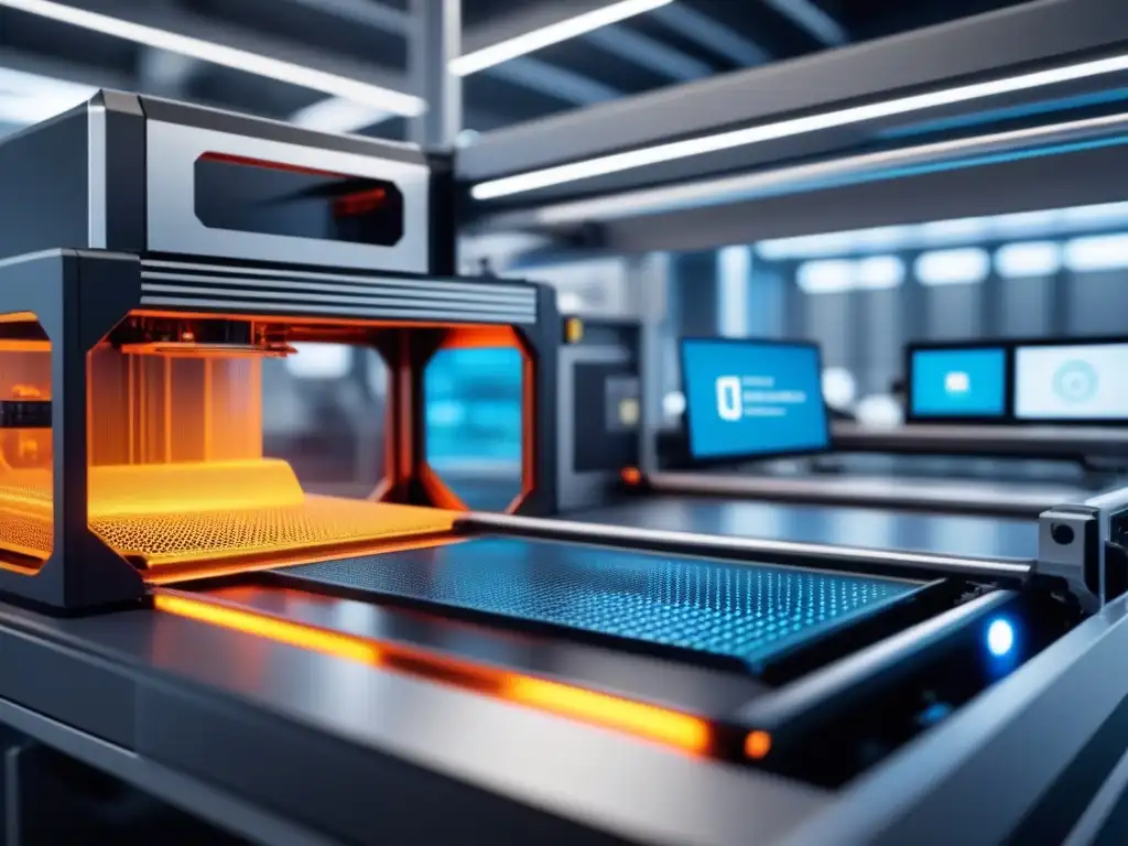 Futurista fábrica de alta tecnología con impresión 3D en cadena suministro