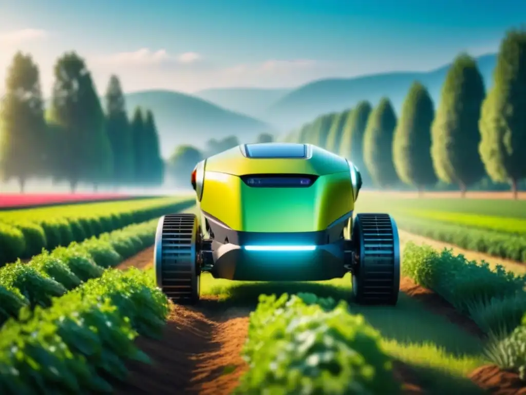 Robot agrícola futurista en un campo verde, combinando tecnología y naturaleza