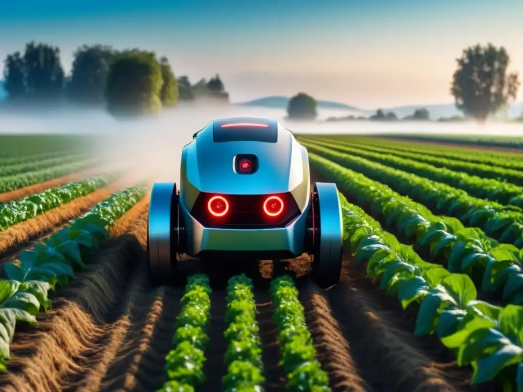 Un robot agrícola futurista en campos verdes, utilizando tecnología avanzada