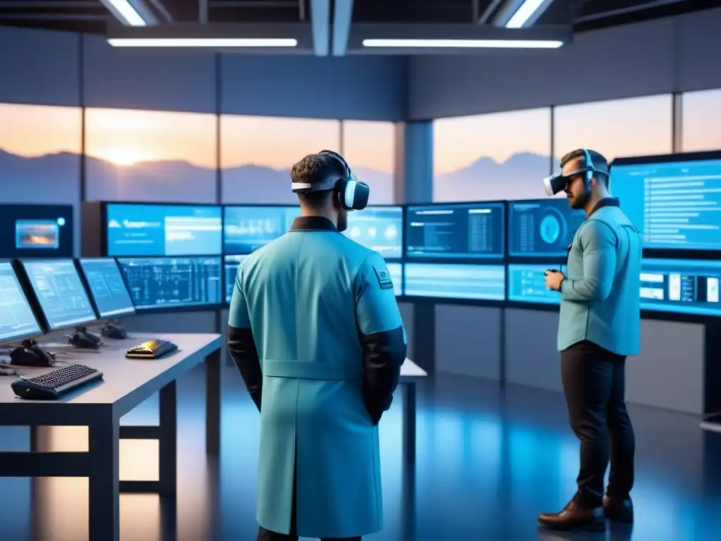 Instalación futurista de capacitación en realidad aumentada industrial con tecnología avanzada y simulaciones virtuales, iluminada en azul suave