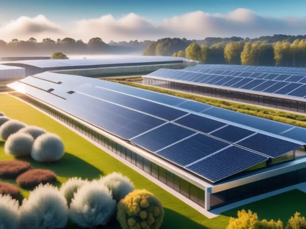 Futurista centro de investigación biotecnológica con paneles solares, reflejando el impacto de la energía solar en las industrias