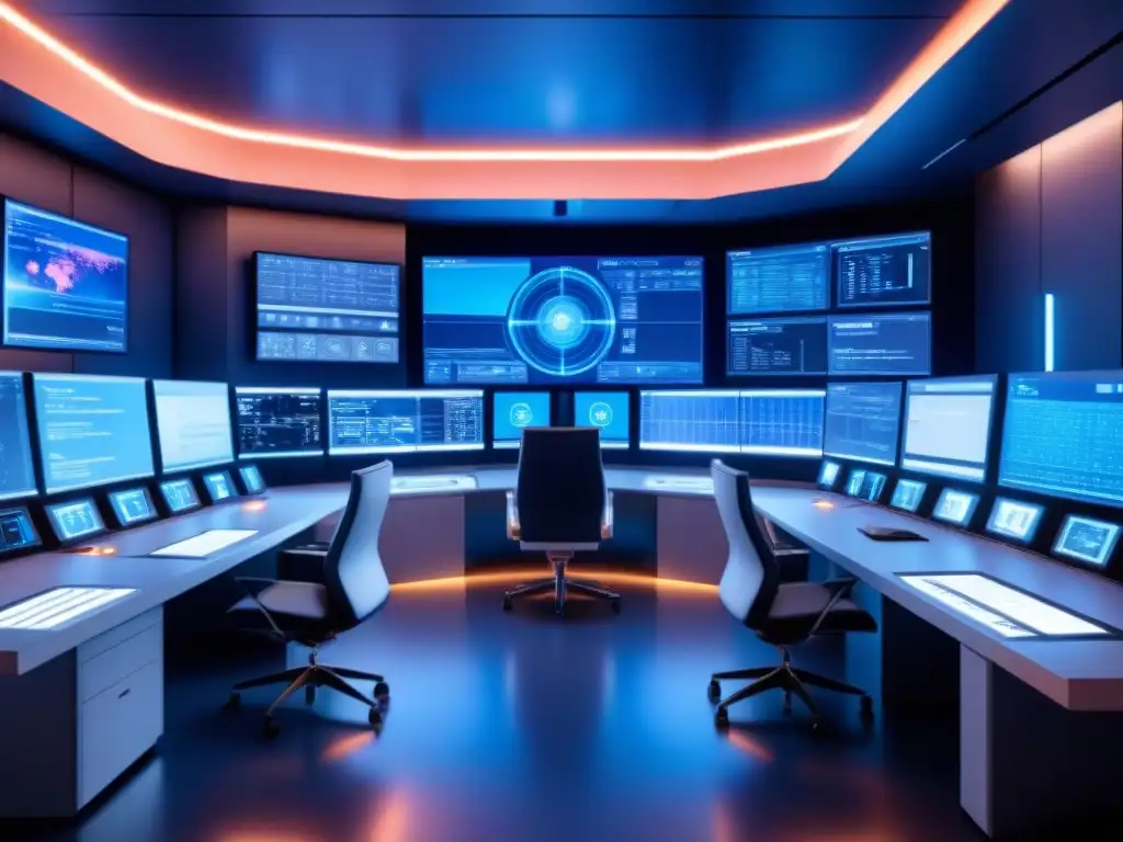 En el futurista centro de control de seguridad nuclear, las tecnologías de la era moderna brillan en azul suave