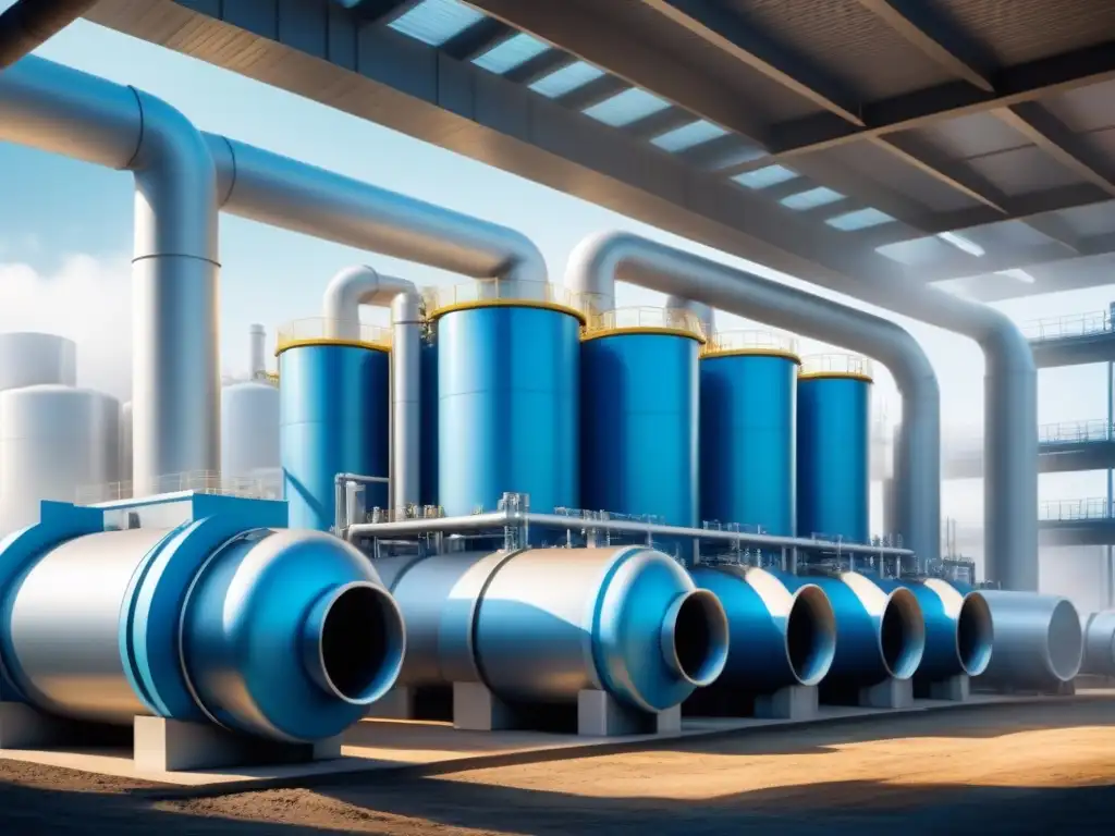 Planta de reciclaje químico futurista: innovación en azul y plata Un futurista centro de reciclaje de químicos con tecnología avanzada en azul, plata y blanco