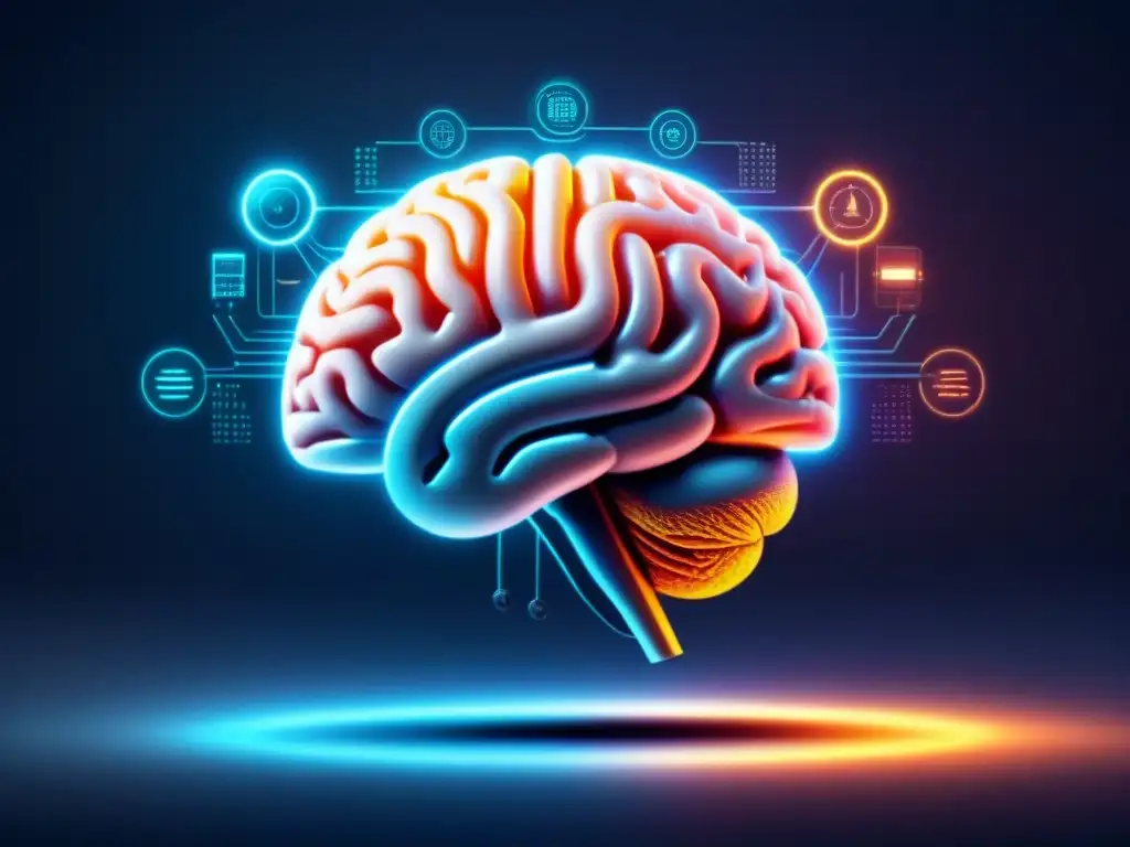 Interfaz cerebral futurista: conectando mente y tecnología Una ilustración futurista de un cerebro conectado a una interfaz de computadora, con patrones de circuitos brillantes en un fondo oscuro, simbolizando las interfaces cerebrocomputadora en pacientes