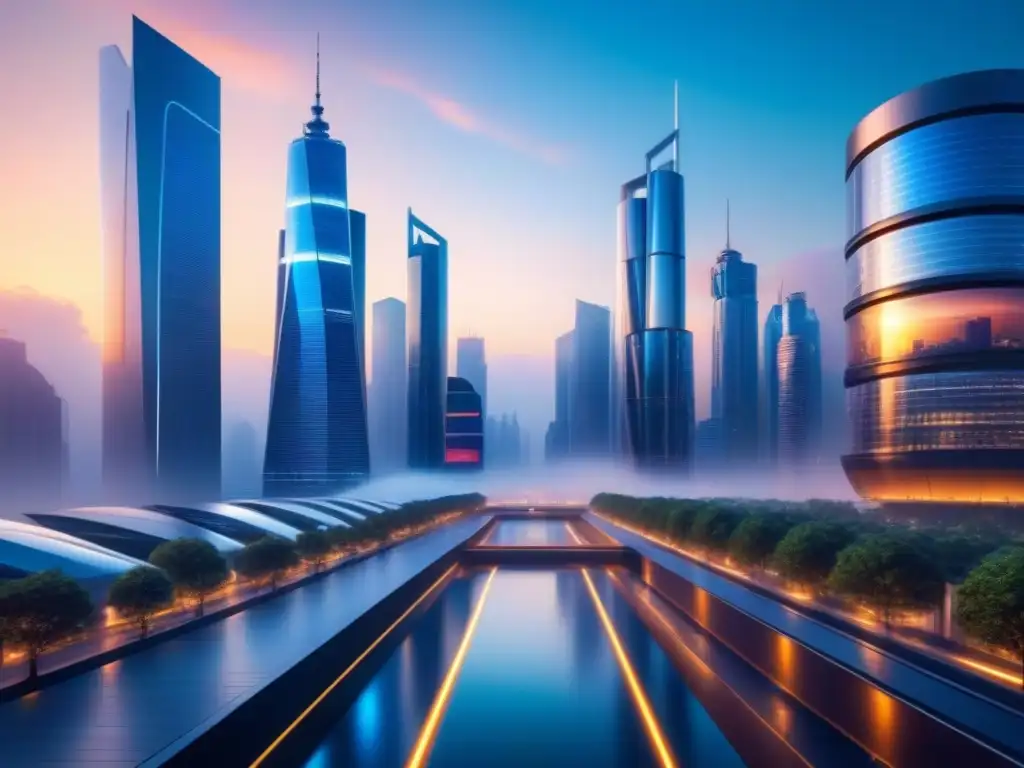 Futurista ciudad al atardecer con rascacielos brillantes reflejando la luz del sol