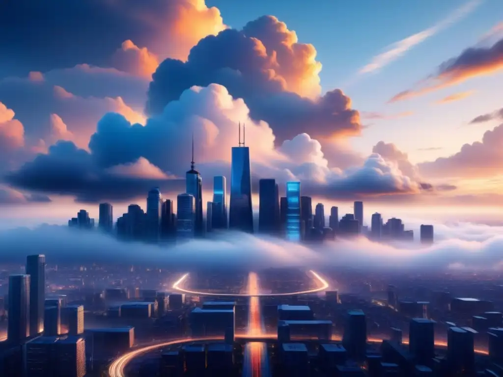 Futurista ciudad conectada por nubes, simbolizando los beneficios computación en la nube