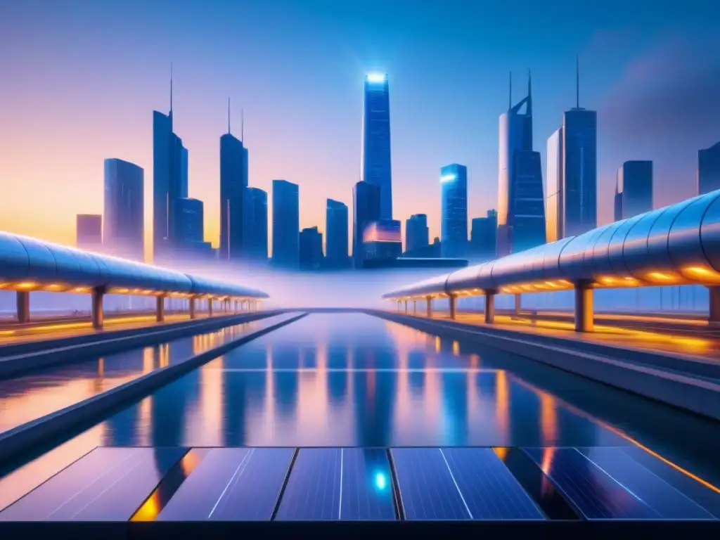 Futurista ciudad con energía solar, reciclaje de agua y tubos transparentes, destacando el aseguramiento infraestructuras críticas ciudades