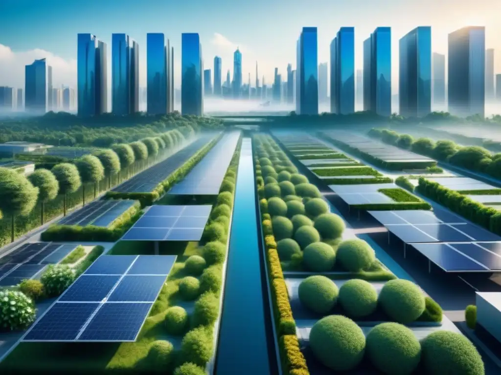 Futurista ciudad con infraestructuras urbanas ante cambio climático: paneles solares, jardines verticales y tecnología avanzada