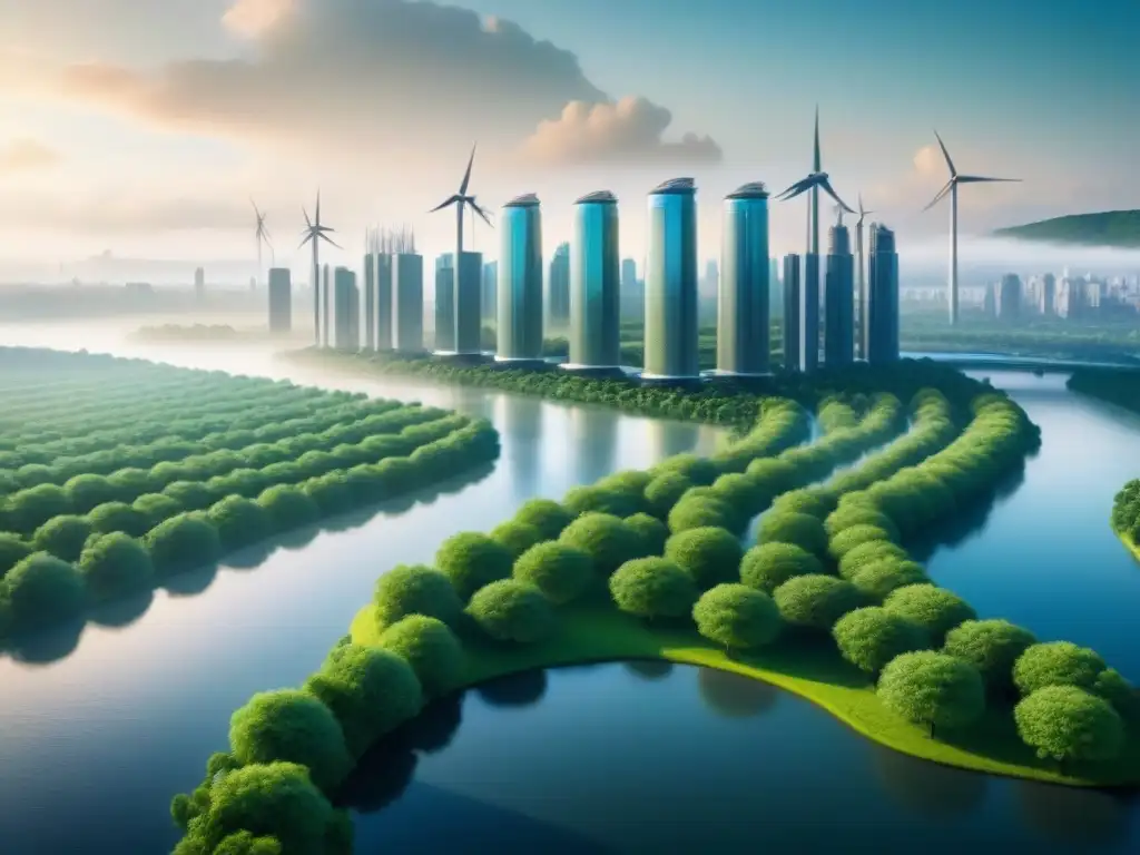 Futurista ciudad integrada con naturaleza, energía renovable y tecnología, simbolizando la biorremediación en la industria