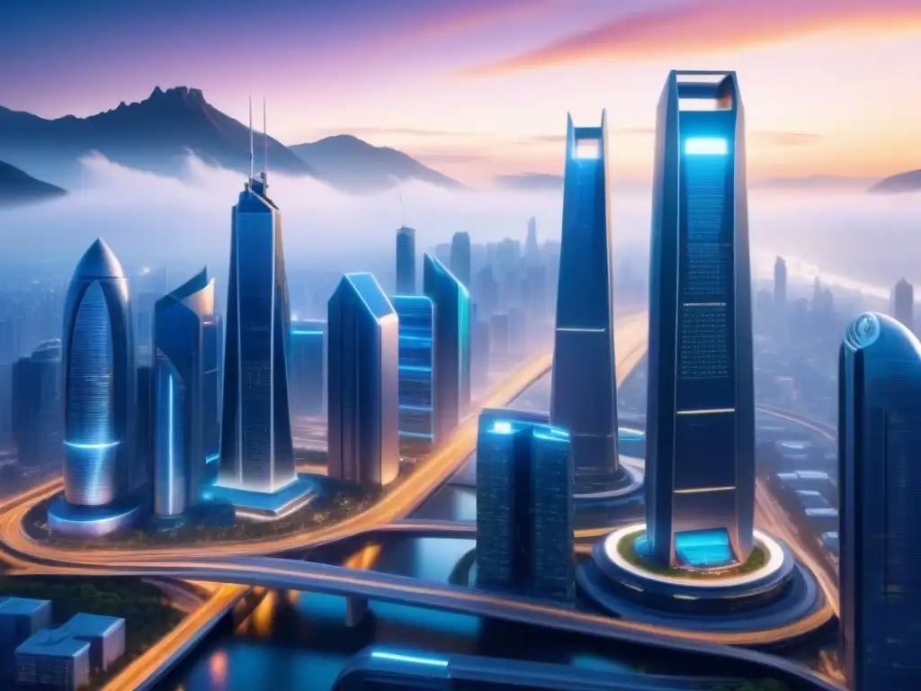 Futurista ciudad inteligente con edificios conectados y tecnologías emergentes en infraestructura inteligente