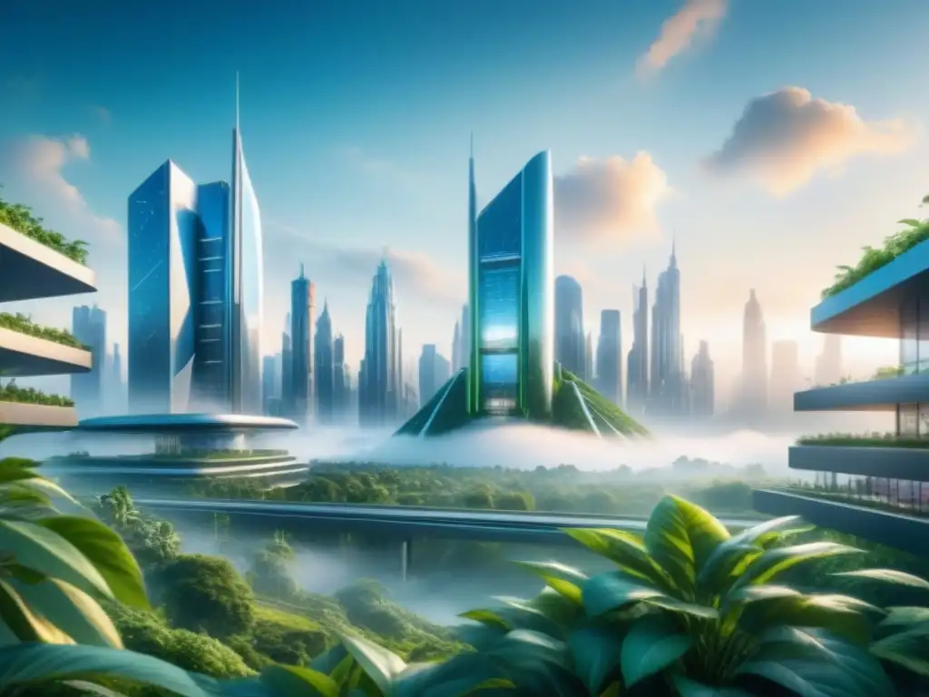 Futurista ciudad integrando laboratorios biotecnológicos en arquitectura, reflejando una simbiosis entre naturaleza y ciencia