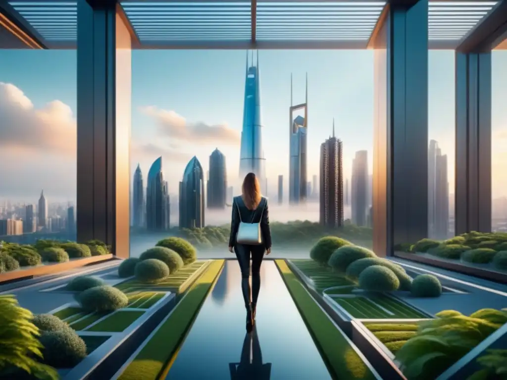 Futurista ciudad con impresión 3D en armonía con la naturaleza al atardecer