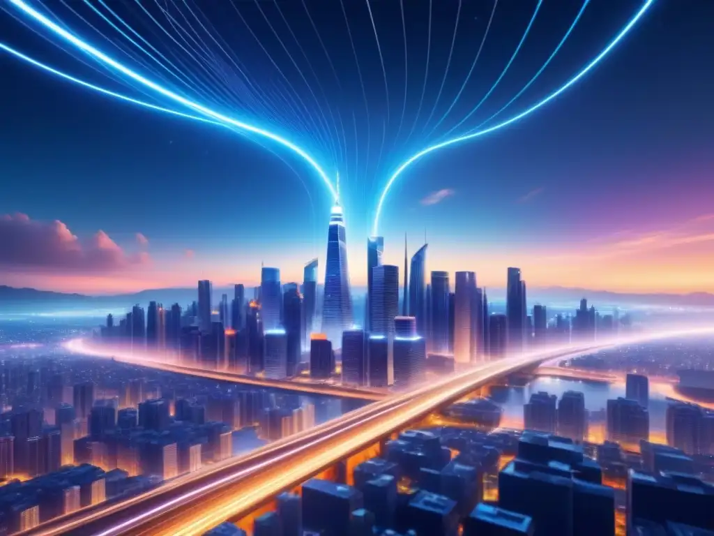 Futurista ciudad de noche con cables de luz fotónica, innovaciones en telecomunicaciones