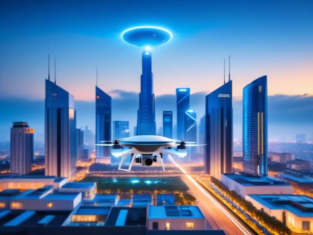 Futurista ciudad de noche con drones de seguridad tecnológica para seguridad ciudadana