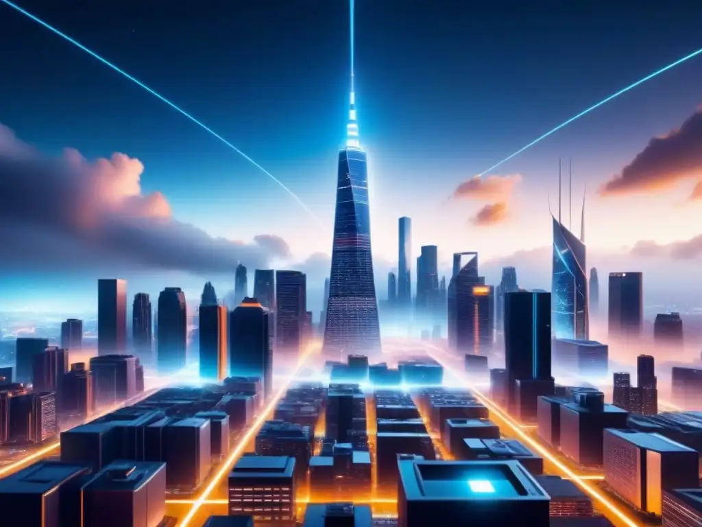 Futurista ciudad nocturna con líneas de datos brillantes, edificios modernos y diseño minimalista