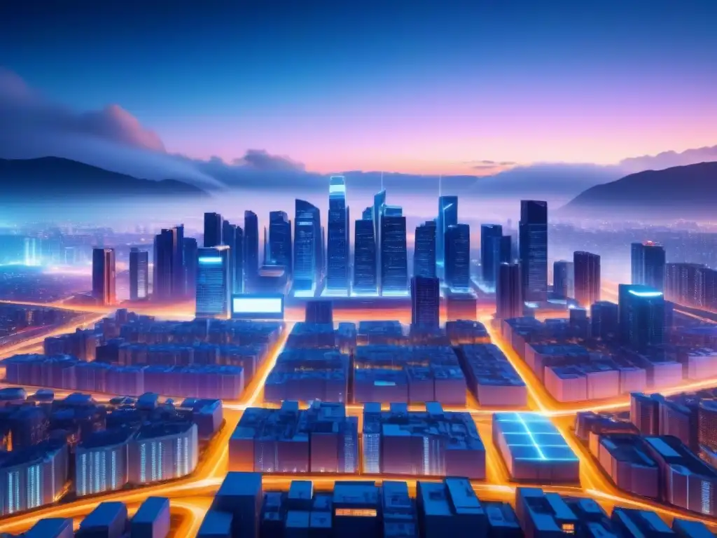 Skyline futurista: redes de energía y ciberseguridad Futurista ciudad nocturna con redes de energía y datos brillantes, integrando ciberseguridad en infraestructuras energéticas críticas