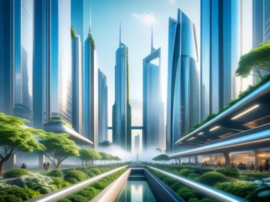 Futurista ciudad plateada con rascacielos y naturaleza, iluminada por luz etérea