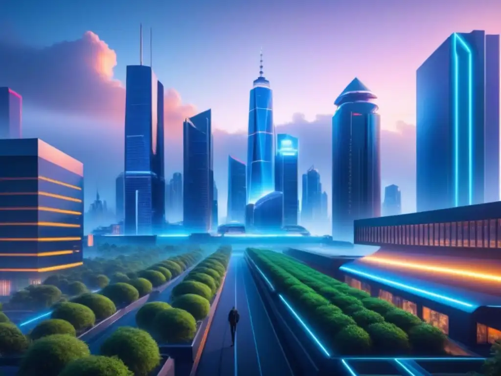 Futurista ciudad con rascacielos iluminados por luces neón, integrando tecnología y naturaleza en un ecosistema de startups