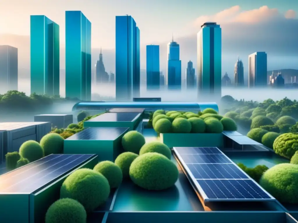 Futurista ciudad con sistemas refrigeración ecológica, impacto políticas