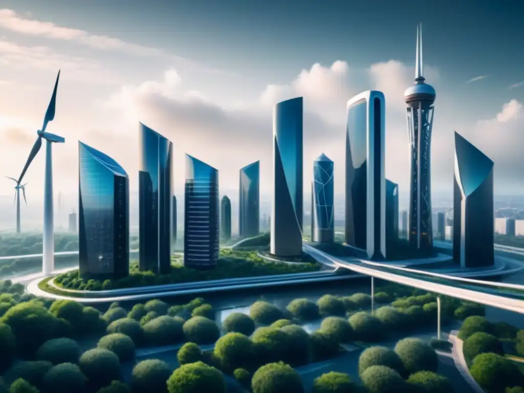 Futurista ciudad sostenible con edificios geométricos, energía renovable y colaboración en tecnología