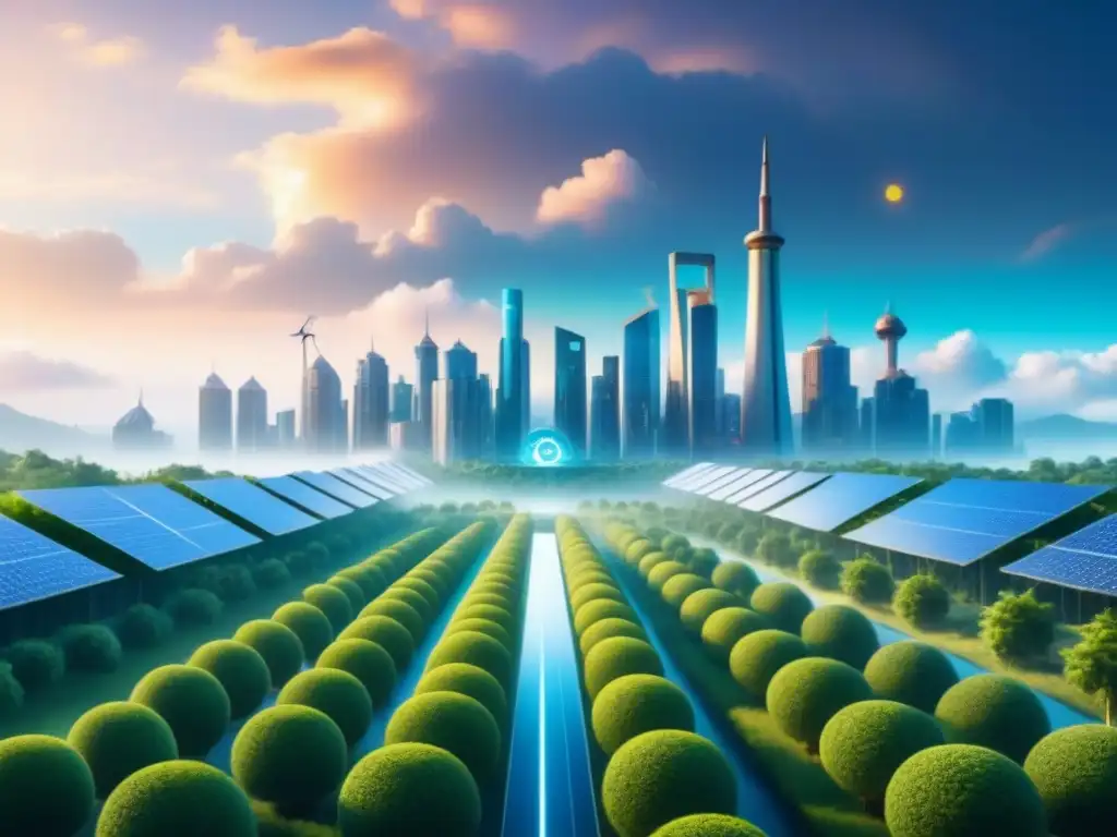 Futurista ciudad sostenible con símbolos de criptomonedas, impacto ambiental y tecnología