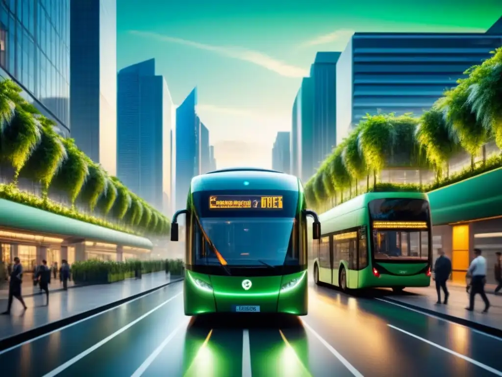 Futurista ciudad al anochecer con transporte inteligente en ciudades verdes