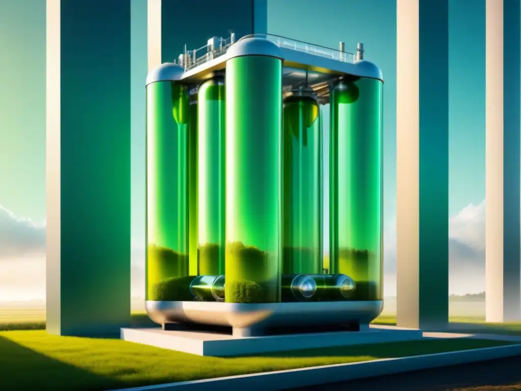 Bioreactor futurista convierte CO2 en biocombustibles Bioreactor futurista convierte CO2 en biofuels, con diseño moderno y proceso detallado en paneles transparentes