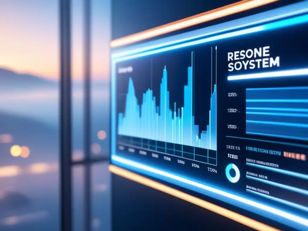 Interfaz futurista holográfica con datos y gráficos en azules y plateados, destacando la Importancia sistemas respuesta automática