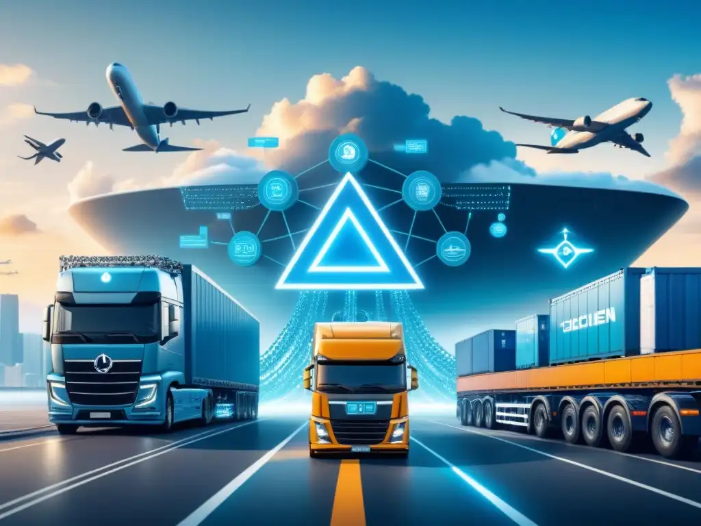 Un futurista y detallado diseño de red blockchain en logística, en tonos azules y grises metálicos