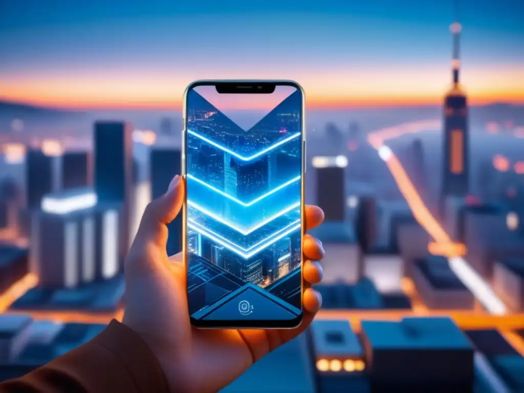Diseño futurista de dispositivo electrónico con patrones de circuitos visibles bajo una carcasa transparente, en una ciudad digital al atardecer
