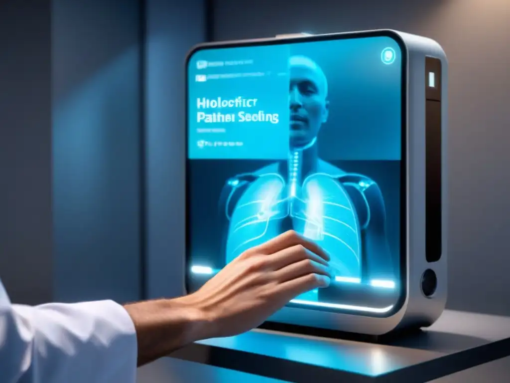 Futurista dispositivo de telemedicina proyectando holograma de doctor consultando con paciente