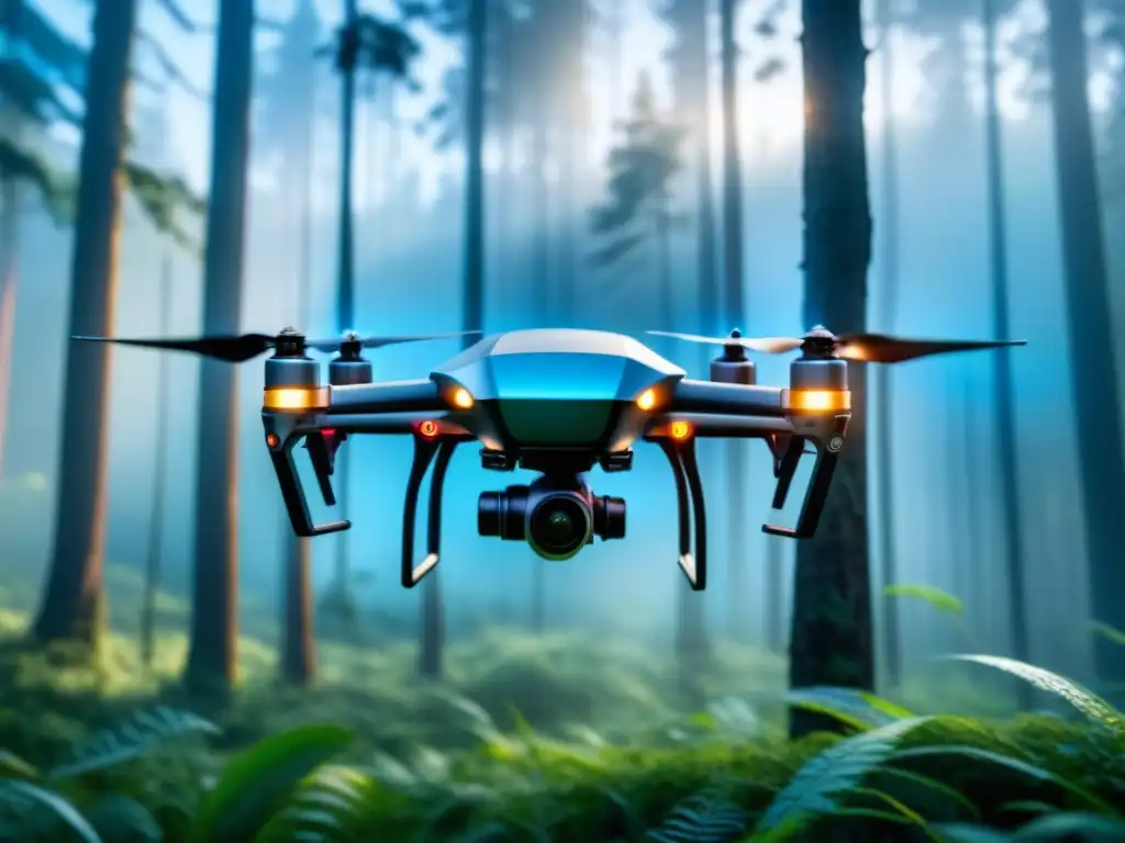 Futurista dron eco-amigable revitalizando bosque con tecnologías emergentes remediación ambiental