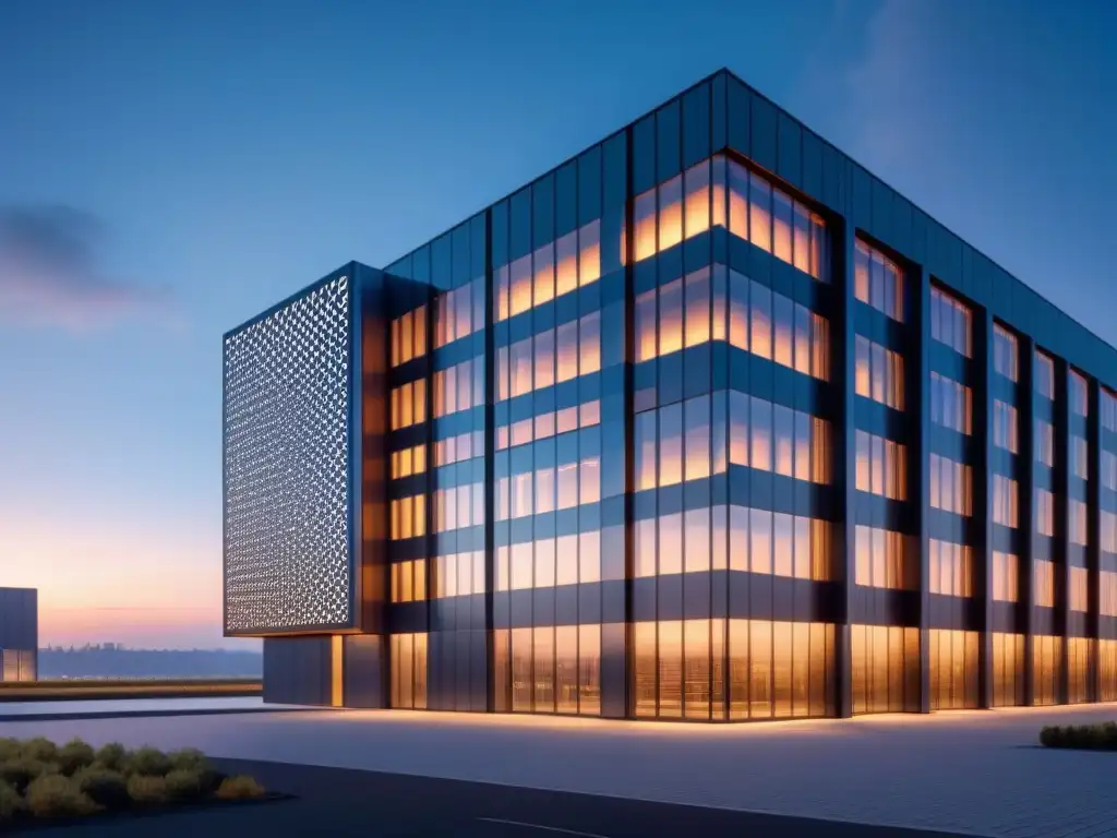 Futurista edificio industrial con criptografía sutil, iluminado al atardecer