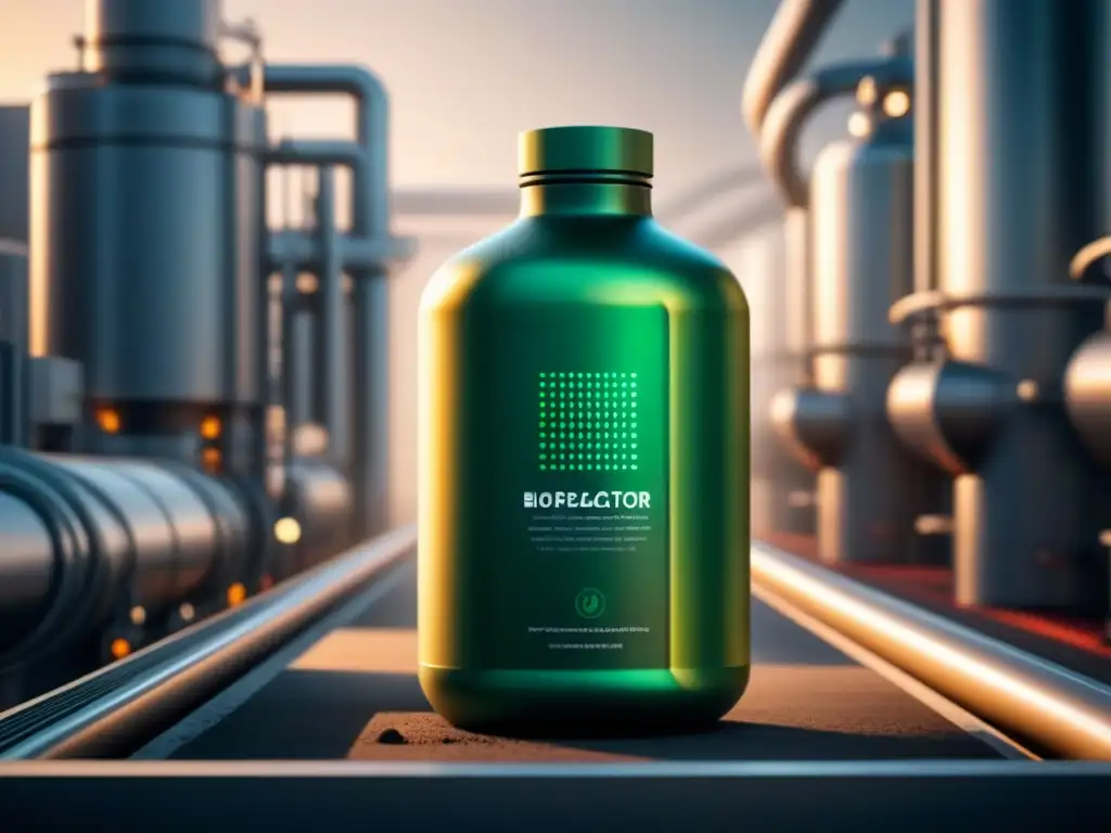 Bioreactor futurista produciendo embalaje sostenible con biología sintética