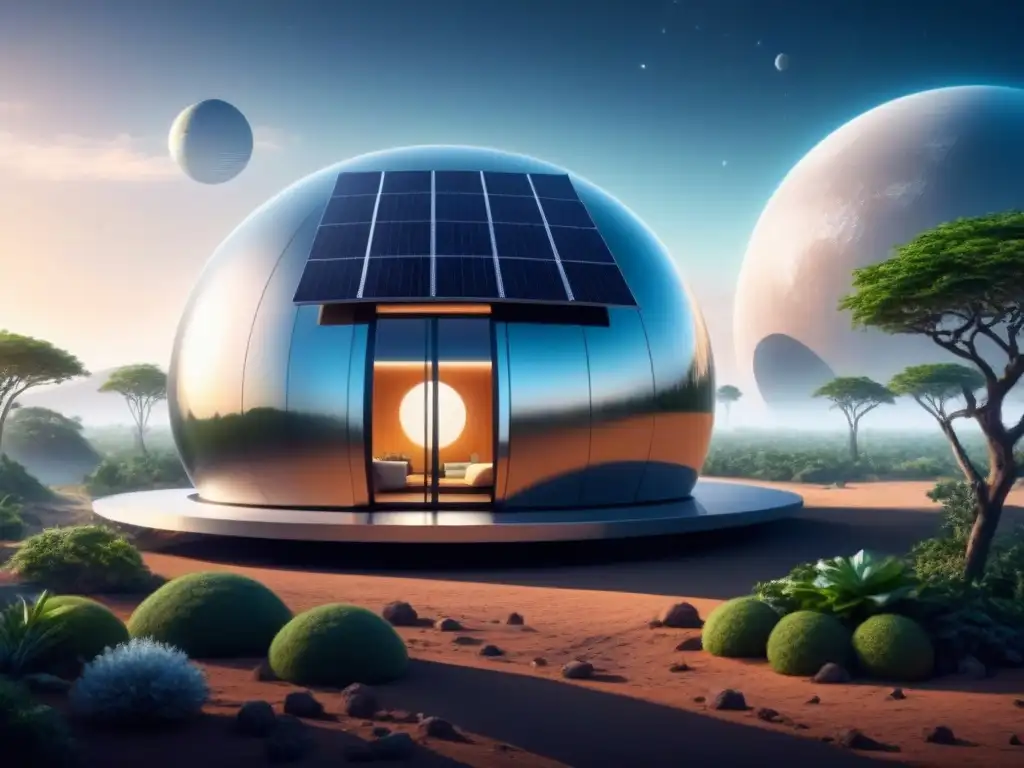 Futurista hábitat espacial con diseño sostenible, paneles solares y vegetación