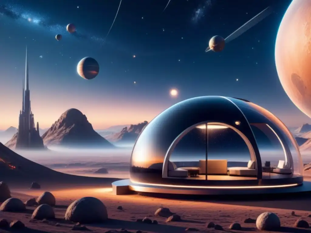 Futurista hábitat espacial con materiales construcción hábitats espaciales, diseño innovador y estrellas lejanas