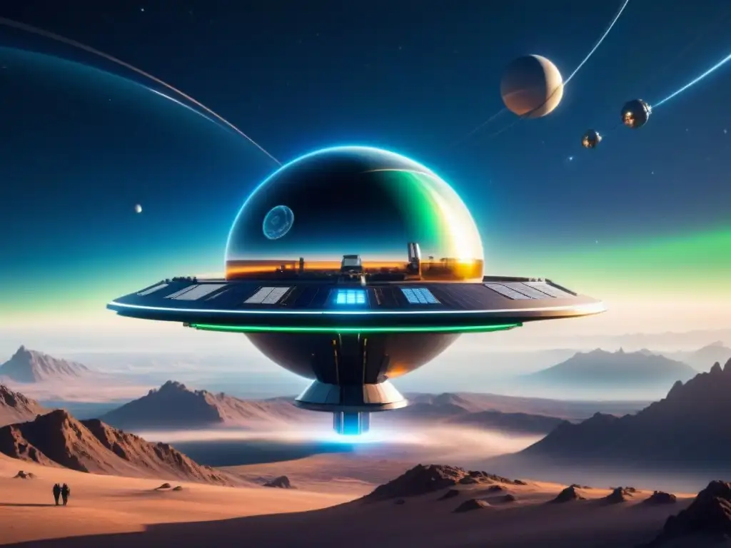Estación espacial futurista orbitando planeta distante Futurista estación espacial orbitando planeta distante, reflejos metálicos brillan bajo estrella