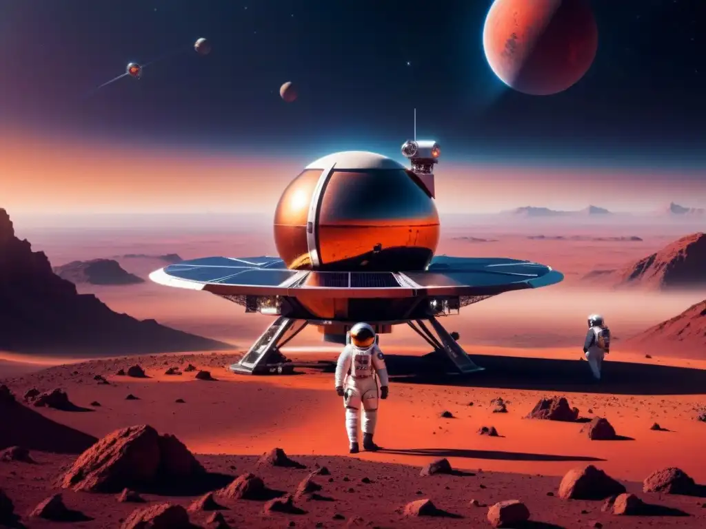 Futurista estación espacial orbitando planeta rojo, astronautas en trajes bioingeniería, tecnología avanzada en gravedad cero