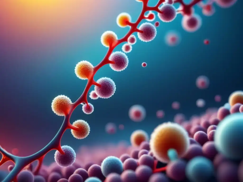 Ilustración futurista de la estructura molecular detallada del ARNm en vacunas, con colores vibrantes y tecnología avanzada